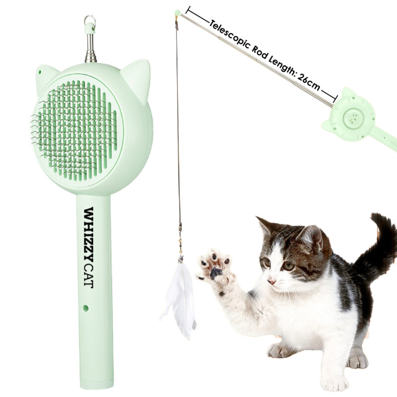 Self-Cleaning Cat Brush with Release Button, Laser Pointer & Cat Toy